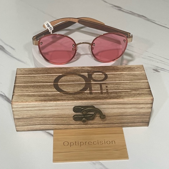 OPTI WOOD PINK TINTED ROUND FRAMES WITH INNER GOLD TRIM - Picture 3 of 9